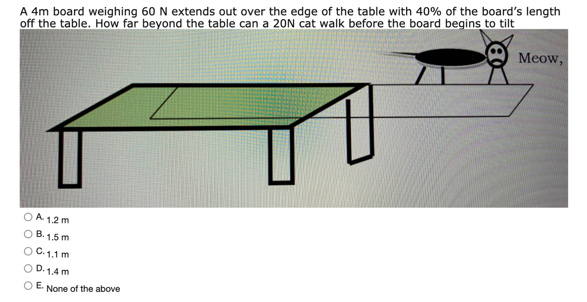 A 4m board weighing 60 N extends out over the edge of the table with 40% of the board's length
off the table. How far beyond the table can a 20N cat walk before the board begins to tilt
Meow,
A. 1.2 m
O B. 1.5 m
O C. 1.1 m
O D. 1.4 m
OE.
None of the above
