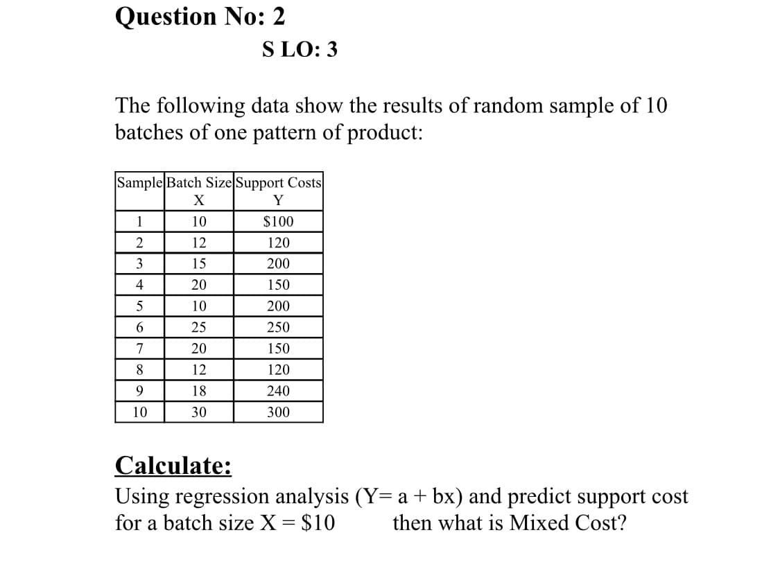 Question No: 2
S LO: 3
The following data show the results of random sample of 10
batches of one pattern of product:
Sample Batch Size Support Costs
X
Y
1
10
$100
2
12
120
3
15
200
4
20
150
5
10
200
25
250
7
20
150
8
12
120
9.
18
240
10
30
300
Calculate:
Using regression analysis (Y= a + bx) and predict support cost
for a batch size X = $10
then what is Mixed Cost?
