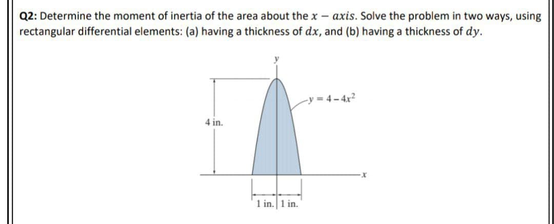 Q2: Determine the moment of inertia of the area about the x – axis. Solve the problem in two ways, using
rectangular differential elements: (a) having a thickness of dx, and (b) having a thickness of dy.
-y = 4 – 4r2
4 in.
1 in. |1 in.
