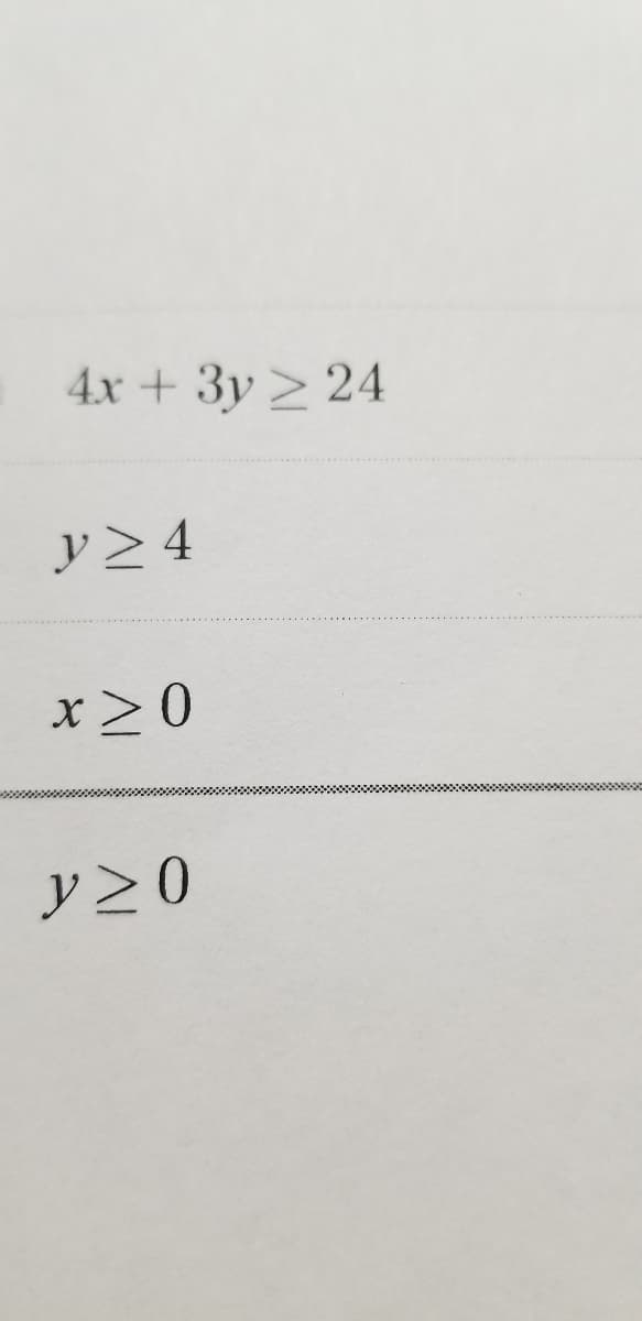 4x + 3y > 24
y > 4
x20
