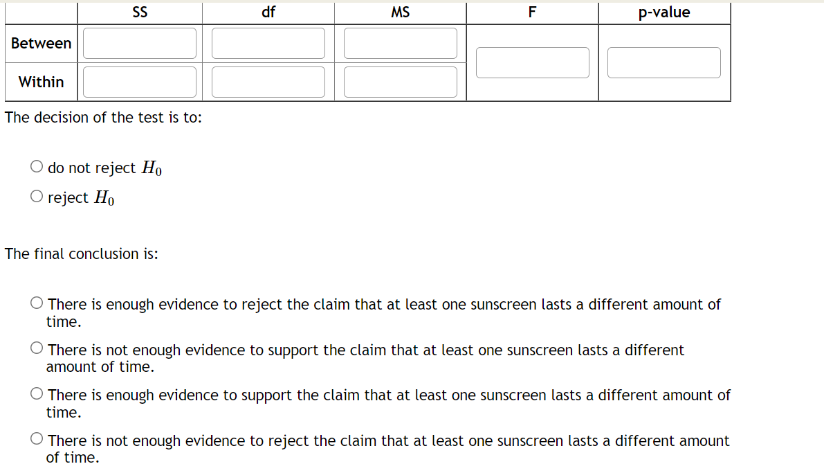 SS
df
MS
F
p-value
Between
Within
The decision of the test is to:
O do not reject Ho
O reject Ho
The final conclusion is:
O There is enough evidence to reject the claim that at least one sunscreen lasts a different amount of
time.
O There is not enough evidence to support the claim that at least one sunscreen lasts a different
amount of time.
O There is enough evidence to support the claim that at least one sunscreen lasts a different amount of
time.
O There is not enough evidence to reject the claim that at least one sunscreen lasts a different amount
of time.
