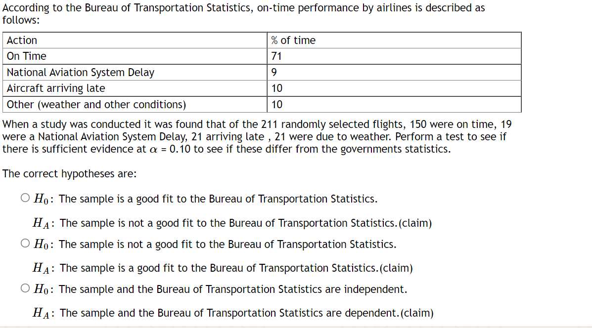 According to the Bureau of Transportation Statistics, on-time performance by airlines is described as
follows:
Action
% of time
On Time
National Aviation System Delay
Aircraft arriving late
71
9.
10
Other (weather and other conditions)
10
When a study was conducted it was found that of the 211 randomly selected flights, 150 were on time, 19
were a National Aviation System Delay, 21 arriving late , 21 were due to weather. Perform a test to see if
there is sufficient evidence at a = 0.10 to see if these differ from the governments statistics.
The correct hypotheses are:
O Ho: The sample is a good fit to the Bureau of Transportation Statistics.
HA: The sample is not a good fit to the Bureau of Transportation Statistics. (claim)
O Ho: The sample is not a good fit to the Bureau of Transportation Statistics.
HA: The sample is a good fit to the Bureau of Transportation Statistics. (claim)
O Ho: The sample and the Bureau of Transportation Statistics are independent.
HA: The sample and the Bureau of Transportation Statistics are dependent. (claim)
