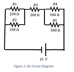 R1
R3
R4
250 n
200 0
500 n
R2
R5
100 N
500 0
15 V
Figure 1: DC Circuit Diagram

