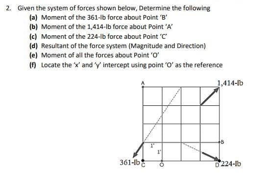 2. Given the system of forces shown below, Determine the following
(a) Moment of the 361-lb force about Point 'B'
(b) Moment of the 1,414-lb force about Point 'A'
(c) Moment of the 224-lb force about Point 'C'
(d) Resultant of the force system (Magnitude and Direction)
(e) Moment of all the forces about Point 'O'
(f) Locate the 'x' and 'y' intercept using point 'O' as the reference
1,414-lb
B
1'
361-lbE
D224-lb
