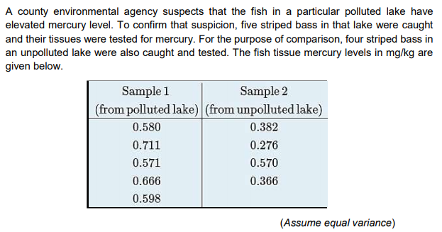 A county environmental agency suspects that the fish in a particular polluted lake have
elevated mercury level. To confirm that suspicion, five striped bass in that lake were caught
and their tissues were tested for mercury. For the purpose of comparison, four striped bass in
an unpolluted lake were also caught and tested. The fish tissue mercury levels in mg/kg are
given below.
Sample 1
Sample 2
(from polluted lake) (from unpolluted lake)
0.580
0.382
0.711
0.276
0.571
0.570
0.666
0.366
0.598
(Assume equal variance)
