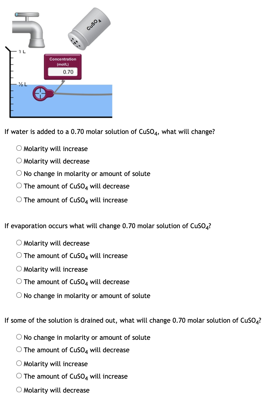 Cuso4
1L
Concentration
(mol/L)
0.70
If water is added to a 0.70 molar solution of CusO4, what will change?
O Molarity will increase
O Molarity will decrease
O No change in molarity or amount of solute
O The amount of CuSO4 will decrease
O The amount of CuSO4 will increase
If evaporation occurs what will change 0.70 molar solution of CuSO,?
O Molarity will decrease
The amount of CuSO4 will increase
O Molarity will increase
O The amount of CuSO4 will decrease
O No change in molarity or amount of solute
If some of the solution is drained out, what will change 0.70 molar solution of CuSO,?
O No change in molarity or amount of solute
O The amount of CuSO4 will decrease
O Molarity will increase
O The amount of CuSO4 will increase
O Molarity will decrease
