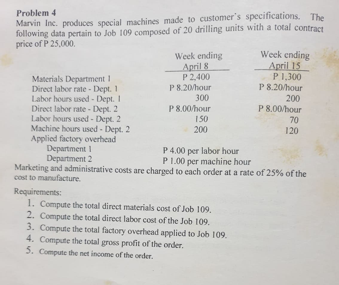 Problem 4
Marvin Inc. produces special machines made to customer's specifications. The
following data pertain to Job 109 composed of 20 drilling units with a total contract
price of P 25,000.
Week ending
April 8
P 2,400
P 8.20/hour
Week ending
April 15
P 1,300
P 8.20/hour
Materials Department 1
Direct labor rate - Dept. 1
Labor hours used - Dept. I
Direct labor rate -
Labor hours used - Dept. 2
Machine hours used - Dept. 2
Applied factory overhead
Department 1
Department 2
300
200
- Dept. 2
P 8.00/hour
P 8.00/hour
150
70
200
120
P 4.00 per labor hour
P 1.00 per machine hour
Marketing and administrative costs are charged to each order at a rate of 25% of the
cost to manufacture.
Requirements:
1. Compute the total direct materials cost of Job 109.
2. Compute the total direct labor cost of the Job 109.
3. Compute the total factory overhead applied to Job 109.
4. Compute the total gross profit of the order.
5. Compute the net income of the order.
