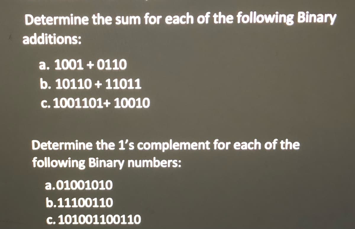 Determine the sum for each of the following Binary
additions:
a. 1001 + 0110
b. 10110 + 11011
c. 1001101+ 10010
Determine the 1's complement for each of the
following Binary numbers:
a.01001010
b.11100110
C. 101001100110
