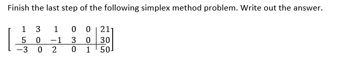 Finish the last step of the following simplex method problem. Write out the answer.
0 | 211
030
50
1 3
3
-3
1
2.
