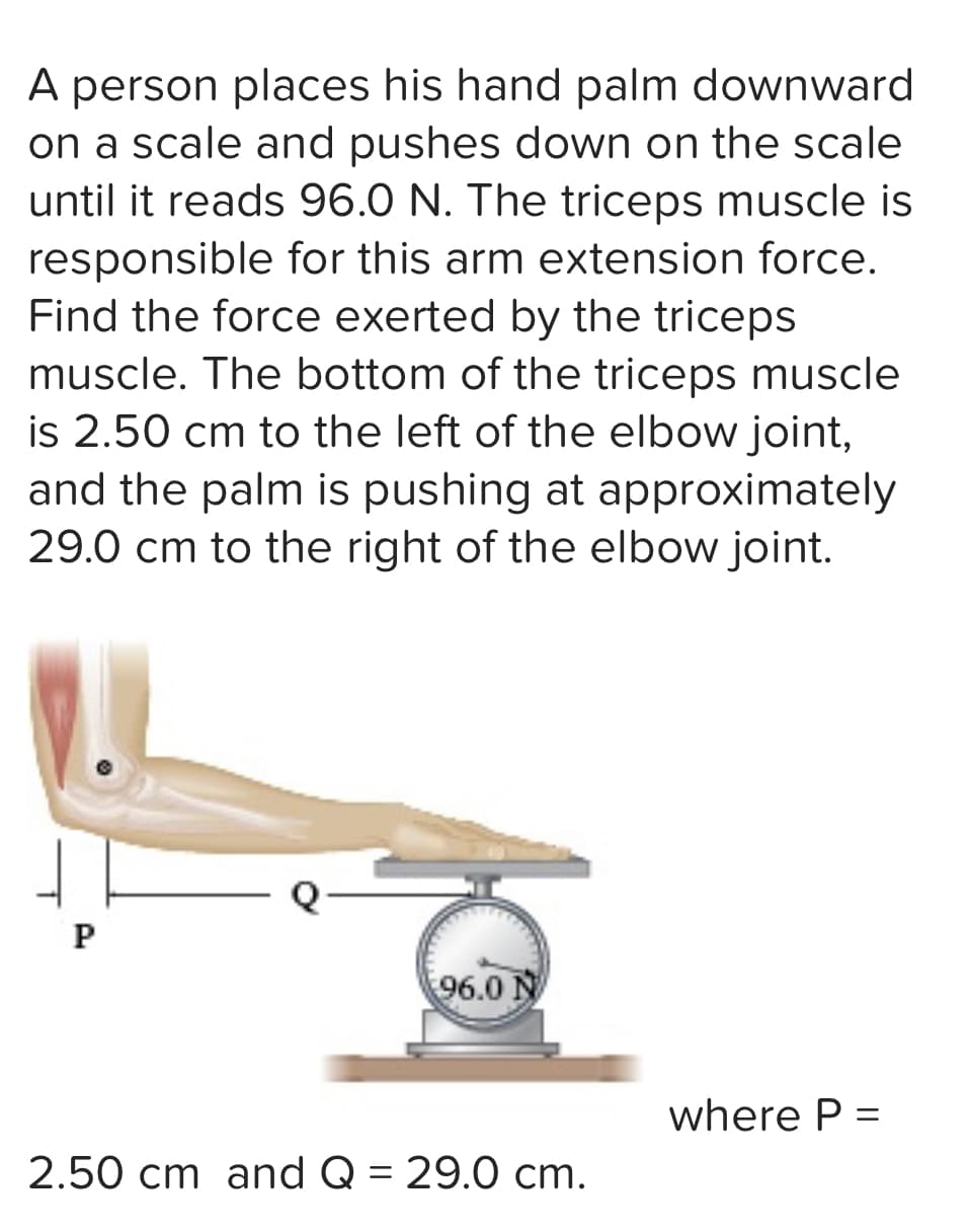 A person places his hand palm downward
on a scale and pushes down on the scale
until it reads 96.0 N. The triceps muscle is
responsible for this arm extension force.
Find the force exerted by the triceps
muscle. The bottom of the triceps muscle
is 2.50 cm to the left of the elbow joint,
and the palm is pushing at approximately
29.0 cm to the right of the elbow joint.
P
96.0 N
2.50 cm and Q = 29.0 cm.
where P =