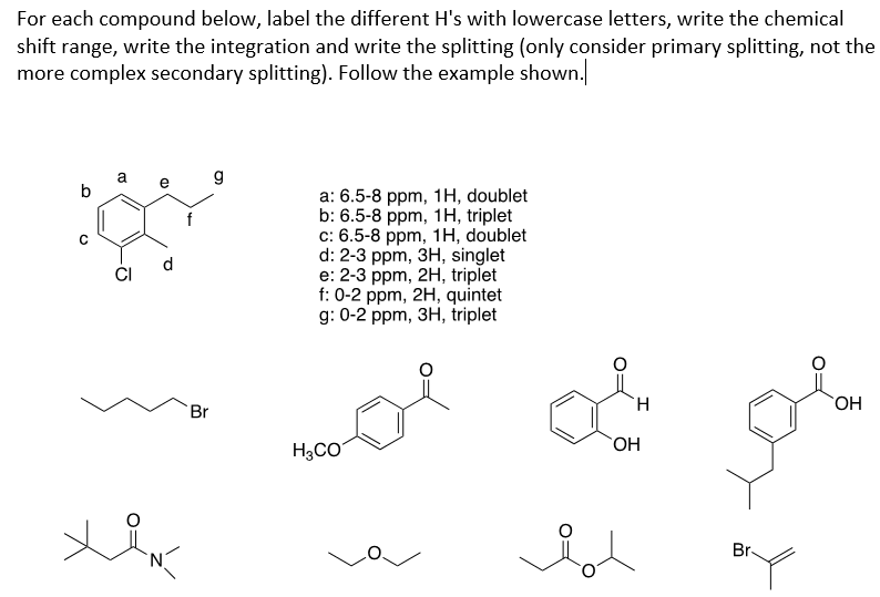 For each compound below, label the different H's with lowercase letters, write the chemical
shift range, write the integration and write the splitting (only consider primary splitting, not the
more complex secondary splitting). Follow the example shown.
а е
b
g
а: 6.5-8 ppm, 1н, doublet
b: 6.5-8 ppm, 1H, triplet
c: 6.5-8 ppm, 1H, doublet
d: 2-3 ppm, 3H, singlet
e: 2-3 ppm, 2H, triplet
f: 0-2 ppm, 2H, quintet
g: 0-2 ppm, 3H, triplet
d
ČI
OH
Br
H3CO
Br.
