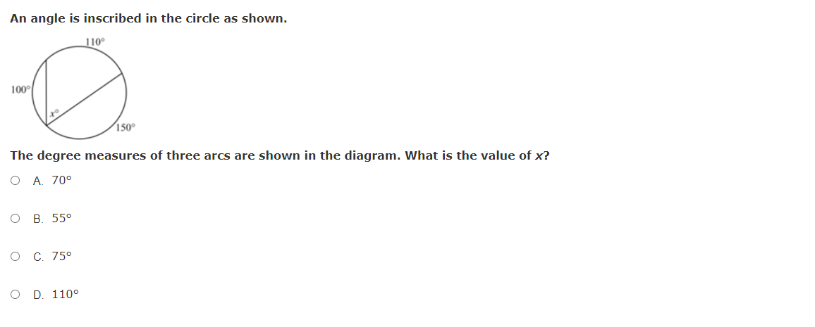 An angle is inscribed in the circle as shown.
110°
100°
150°
The degree measures of three arcs are shown in the diagram. What is the value of x?
O A. 70°
В. 55°
о с. 75°
O D. 110°
