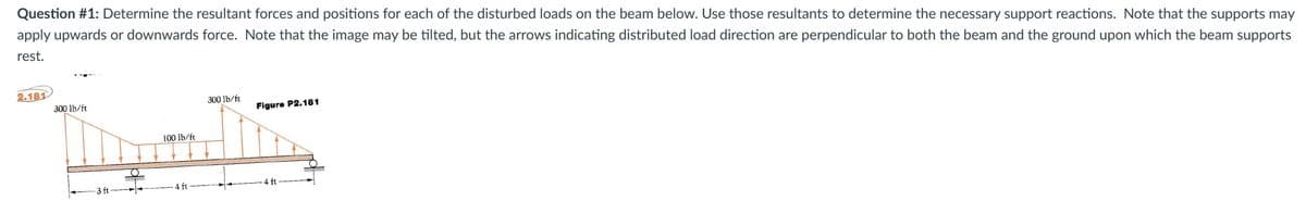 Question #1: Determine the resultant forces and positions for each of the disturbed loads on the beam below. Use those resultants to determine the necessary support reactions. Note that the supports may
apply upwards or downwards force. Note that the image may be tilted, but the arrows indicating distributed load direction are perpendicular to both the beam and the ground upon which the beam supports
rest.
2.181
300 lb/ft
3 ft
100 lb/ft
4 ft
300 lb/ft
Figure P2.181
4 ft