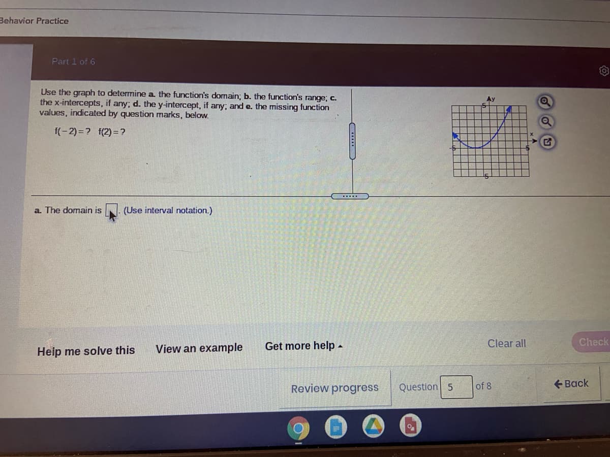 Behavior Practice
Part 1 of 6
Use the graph to determine a the function's domain; b. the function's range; c.
the x-intercepts, if any; d. the y-intercept, if any; and e. the missing function
values, indicated by question marks, below.
Ay
f(-2) = ? f(2) = ?
a. The domain is
(Use interval notation.)
View an example
Get more help -
Clear all
Check
Help me solve this
Review progress
Question 5
of 8
+ Back
