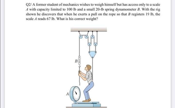 Q2/ A former student of mechanics wishes to weigh himself but has access only to a scale
A with capacity limited to 100 lb and a small 20-lb spring dynamometer B. With the rig
shown he discovers that when he exerts a pull on the rope so that B registers 19 lb, the
scale A reads 67 lb. What is his correct weight?
B
A
