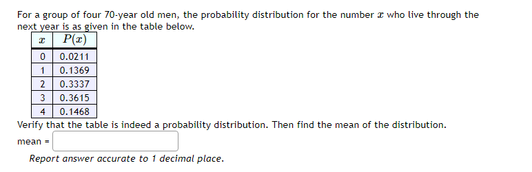 For a group of four 70-year old men, the probability distribution for the number a who live through the
next year is as given in the table below.
x| P(x)
0 0.0211
1
0.1369
2
0.3337
3
0.3615
4 0.1468
Verify that the table is indeed a probability distribution. Then find the mean of the distribution.
mean =
Report answer accurate to 1 decimal place.
