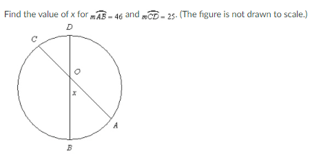 Find the value of x for mAB - 46 and mD - 25- (The figure is not drawn to scale.)
A
B
