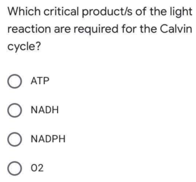 Which critical product/s of the light
reaction are required for the Calvin
cycle?
O ATP
оооо
NADH
O NADPH
O 02
