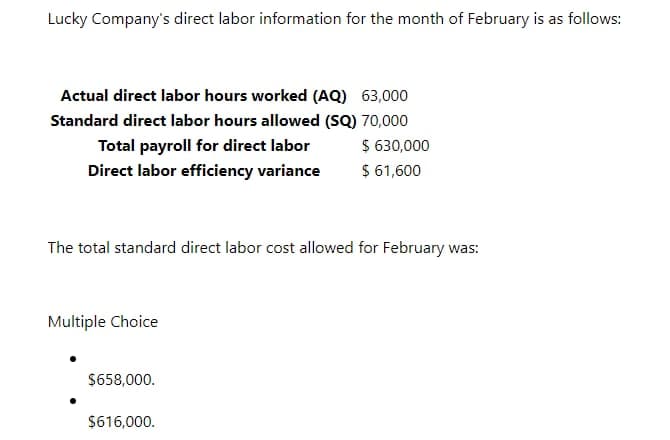 Lucky Company's direct labor information for the month of February is as follows:
Actual direct labor hours worked (AQ) 63,000
Standard direct labor hours allowed (SQ) 70,000
Total payroll for direct labor
$ 630,000
Direct labor efficiency variance
$ 61,600
The total standard direct labor cost allowed for February was:
Multiple Choice
$658,000.
$616,000.