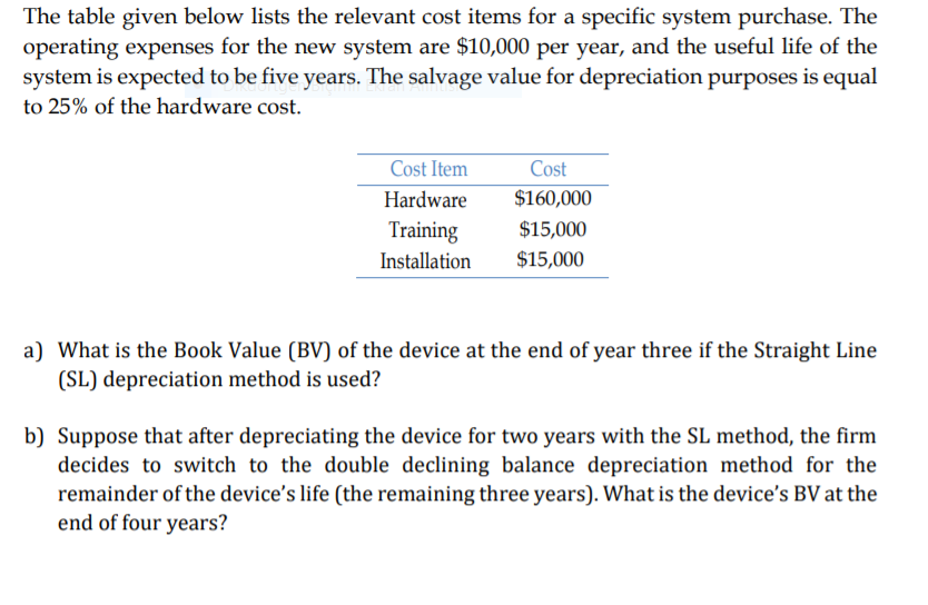 The table given below lists the relevant cost items for a specific system purchase. The
operating expenses for the new system are $10,000 per year, and the useful life of the
system is expected to be five years. The salvage value for depreciation purposes is equal
to 25% of the hardware cost.
Cost Item
Cost
Hardware
$160,000
Training
$15,000
Installation
$15,000
a) What is the Book Value (BV) of the device at the end of year three if the Straight Line
(SL) depreciation method is used?
b) Suppose that after depreciating the device for two years with the SL method, the firm
decides to switch to the double declining balance depreciation method for the
remainder of the device's life (the remaining three years). What is the device's BV at the
end of four years?
