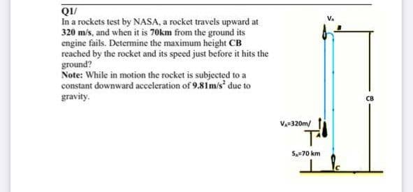 QI/
In a rockets test by NASA, a rocket travels upward at
320 m/s, and when it is 70km from the ground its
engine fails. Determine the maximum height CB
reached by the rocket and its speed just before it hits the
ground?
Note: While in motion the rocket is subjected to a
constant downward acceleration of 9.81m/s due to
gravity.
св
V,e320m/
S,-70 km
