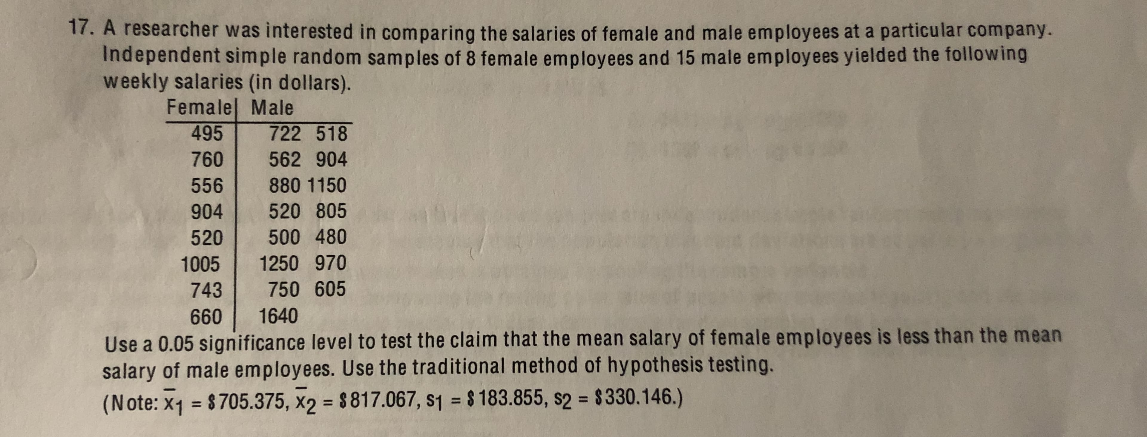 17. A researcher was interested in comparing the salaries of female and male employees at a particular company.
Independent simple random samples of 8 female employees and 15 male employees yielded the following
weekly salaries (in dollars).
Femalel Male
722 518
495
760
562 904
880 1150
556
520 805
904
500 480
520
1250 970
1005
750 605
743
1640
660
Use a 0.05 significance level to test the claim that the mean salary of female employees is less than the mean
salary of male employees. Use the traditional method of hypothesis testing.
(Note: x1 = 8705.375, x2 = $817.067, s1 = $ 183.855, s2 = $330.146.)
%3D
%3D
%3D
%3D
