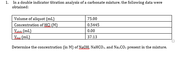 In a double indicator titration analysis of a carbonate mixture, the following data were
obtained:
1.
Volume of aliquot (mL)
75.00
Concentration of HCI (M)
0.5445
Vabtn (mL)
Vasa (mL)
0.00
37.13
Determine the concentration (in M) of NaOH, NaHCO3, and NazCOa present in the mixture.
