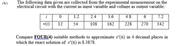The following data given are collected from the experimental measurement on the
electrical circuit with the current as input variable and voltage as output variable:
(h)
i
1.2
2.4
3.6
4.8
6
7.2
v(i)
12
54
108
162
228
270
342
Compare FOUR(4) suitable methods to approximate v'(6) in 4 decimal places in
which the exact solution of v'(6) is 8.3878.

