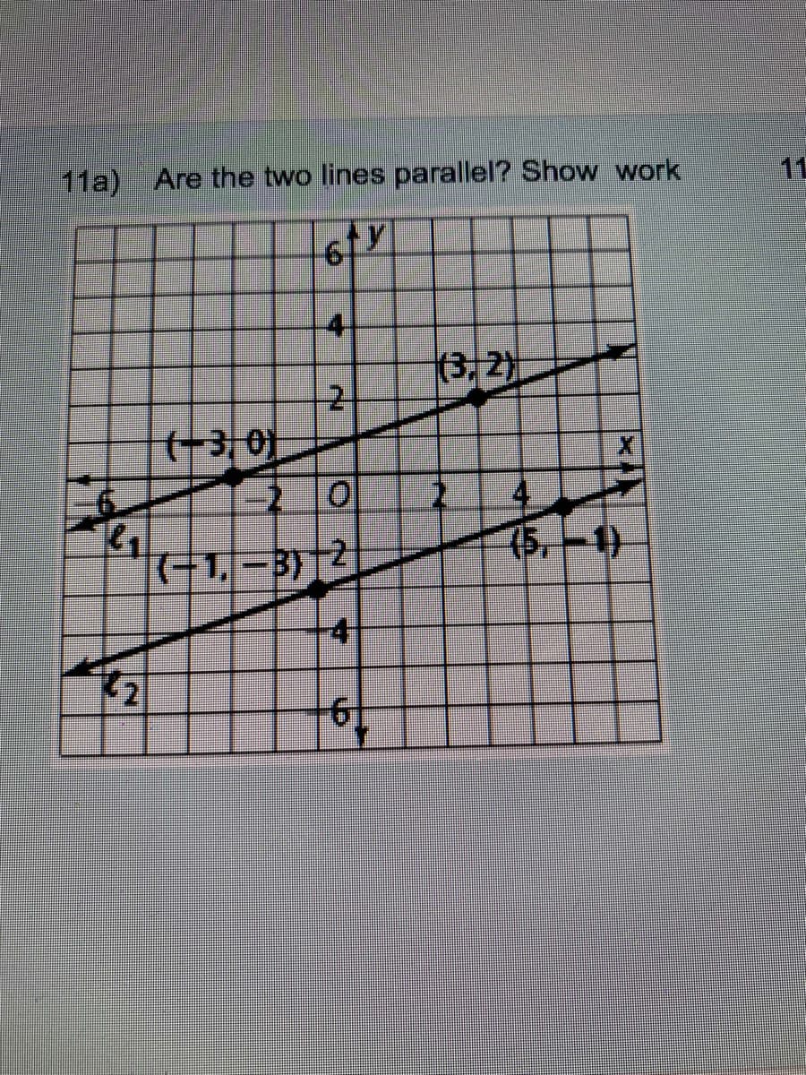 11a) Are the two lines parallel? Show work
11
6
4
(3, 2)
(-3 0)
+1, -3)|2
(5.
19
2.
41
