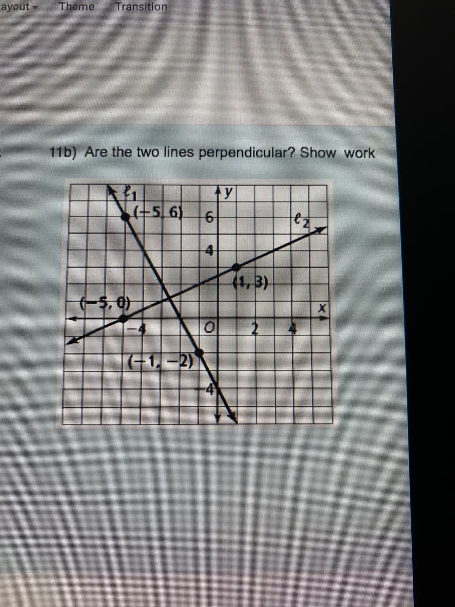 ayout-
Theme
Transition
11b) Are the two lines perpendicular? Show work
4
41, 3)
(-5, 0)
(-1,-2)
6.
