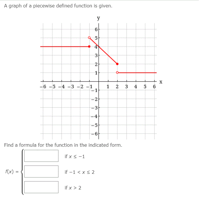 A graph of a piecewise defined function is given.
y
5
3
2
-6 -5 -4 -3 -2 -1
-1
4 5 6
1
2
-2
-3
-4
-5
-6
Find a formula for the function in the indicated form.
if x <-1
f(x) =
if -1 < xs 2
if x > 2
3.
1.
