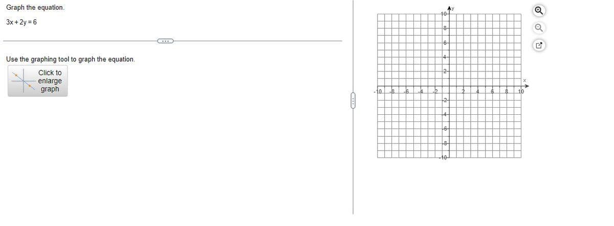 Graph the equation.
3x + 2y = 6
Use the graphing tool to graph the equation.
Click to
enlarge
graph
40
le
1k
Q