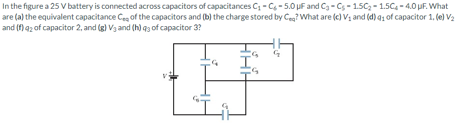 In the figure a 25 V battery is connected across capacitors of capacitances C₁ = C6 = 5.0 µF and C3 = C5 = 1.5C₂ = 1.5C4 = 4.0 μF. What
are (a) the equivalent capacitance Ceq of the capacitors and (b) the charge stored by Ceq? What are (c) V₁ and (d) q₁ of capacitor 1, (e) V₂
and (f) 92 of capacitor 2, and (g) V3 and (h) 93 of capacitor 3?
V
C4
F
G₁
HH
C3
Cq₂