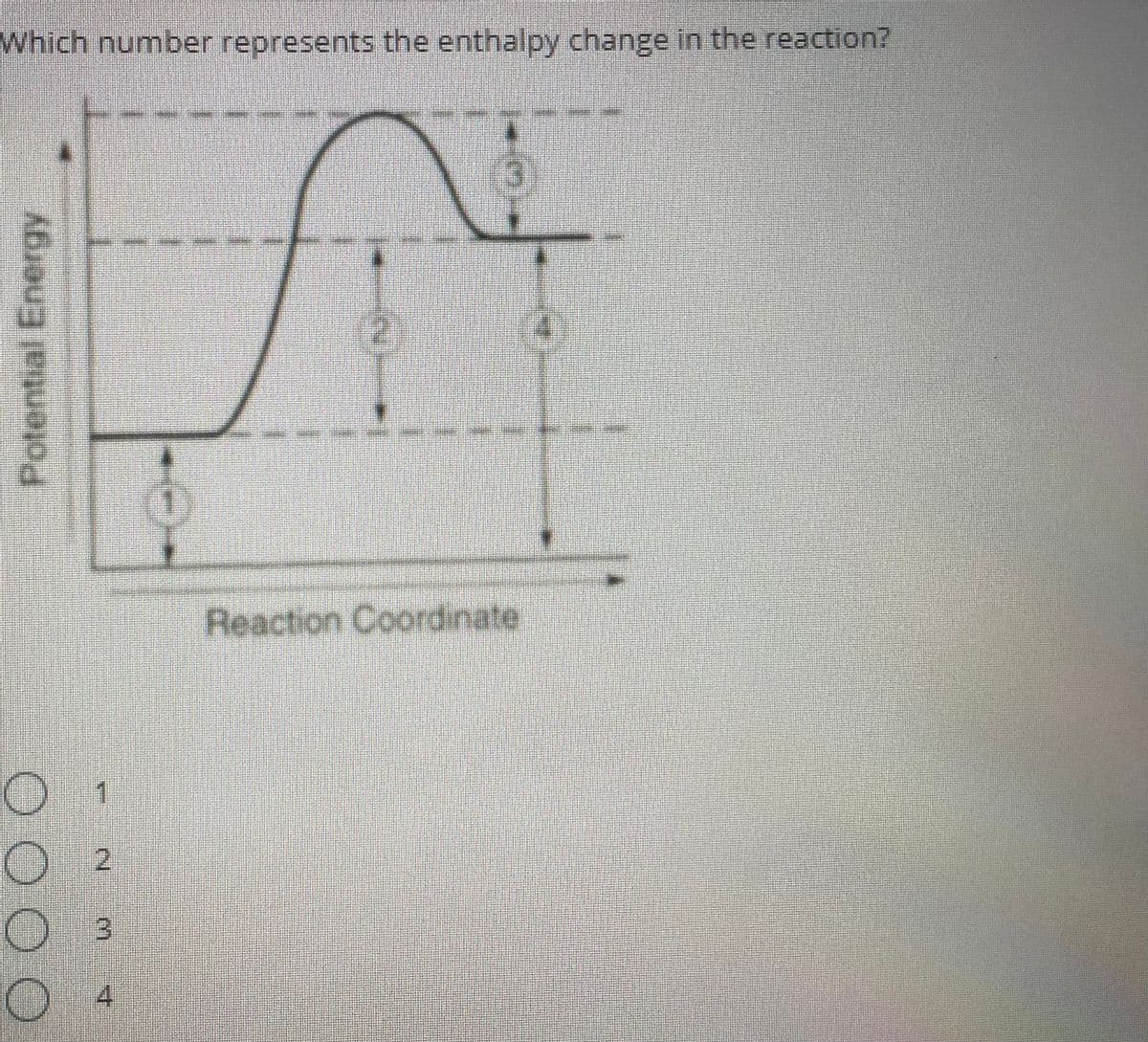 Which number represents the enthalpy change in the reaction?
Reaction Coordinate
2
.
3)
4
Potential Energy
