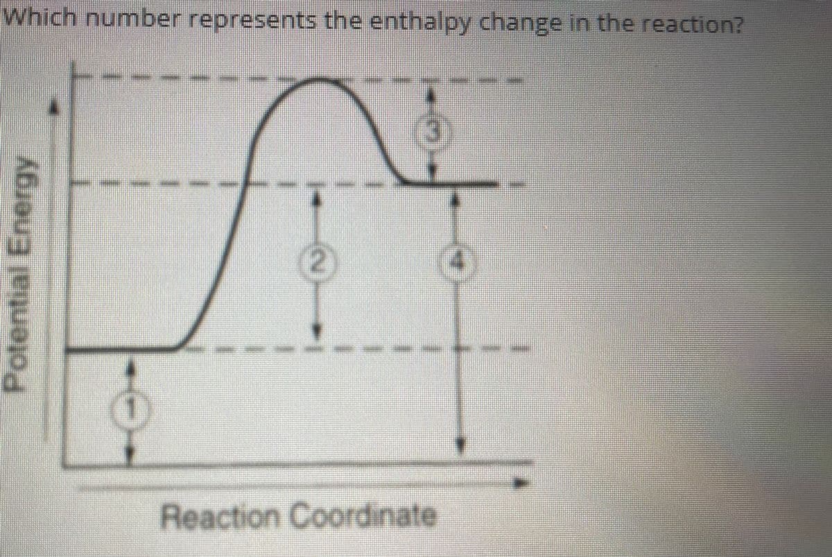 Which number represents the enthalpy change in the reaction?
(2)
Reaction Coordinate
Potential Energy

