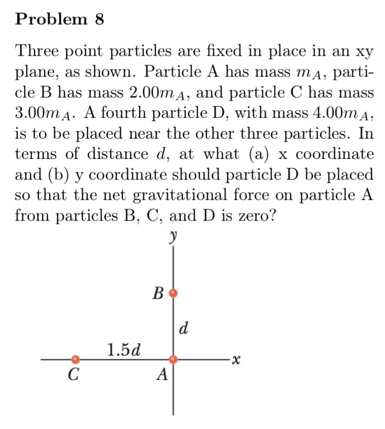 Problem 8
Three point particles are fixed in place in an xy
plane, as shown. Particle A has mass mA, parti-
cle B has mass 2.00m A, and particle C has mass
3.00m A. A fourth particle D, with mass 4.00m A,
is to be placed near the other three particles. In
terms of distance d, at what (a) x coordinate
and (b) y coordinate should particle D be placed
so that the net gravitational force on particle A
from particles B, C, and D is zero?
d
1.5d
C
A
