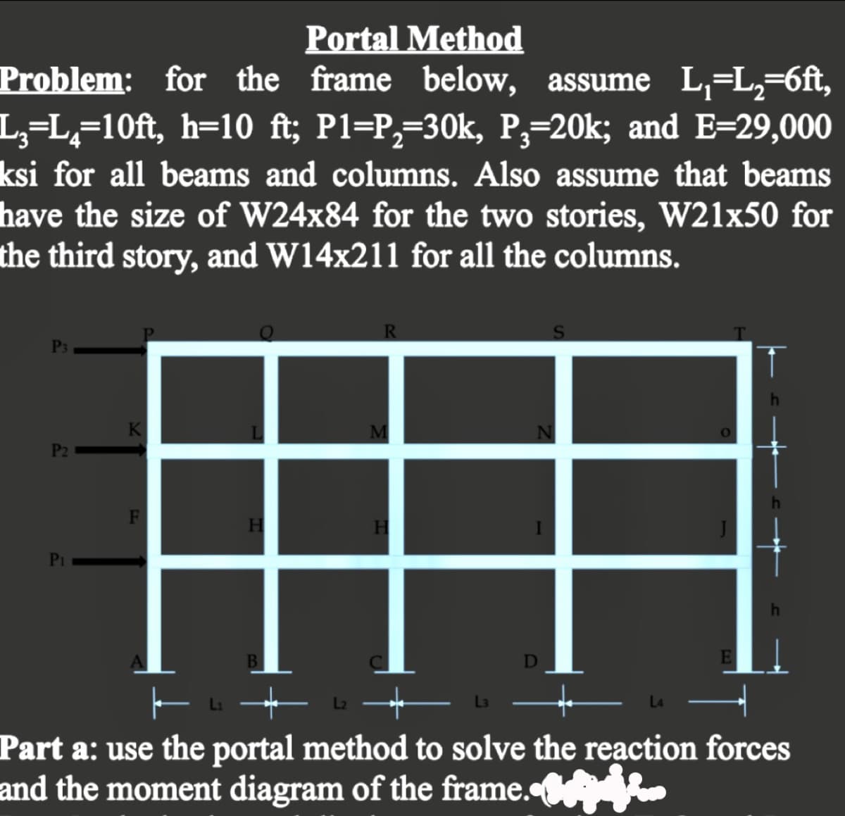 Portal Method
Problem: for the frame below, assume L₁=L₂=6ft,
L3=L₁=10ft, h=10 ft; P1=P,₂=30k, P,=20k; and E=29,000
ksi for all beams and columns. Also assume that beams
have the size of W24x84 for the two stories, W21x50 for
the third story, and W14x211 for all the columns.
P2
K
F
R
H
O
D
h
I
Part a: use the portal method to solve the reaction forces
and the moment diagram of the frame. in fi.
h