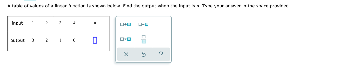 A table of values of a linear function is shown below. Find the output when the input is n. Type your answer in the space provided.
input
1
2
3
4
n
ローロ
output
3
ロ×ロ
1
の
