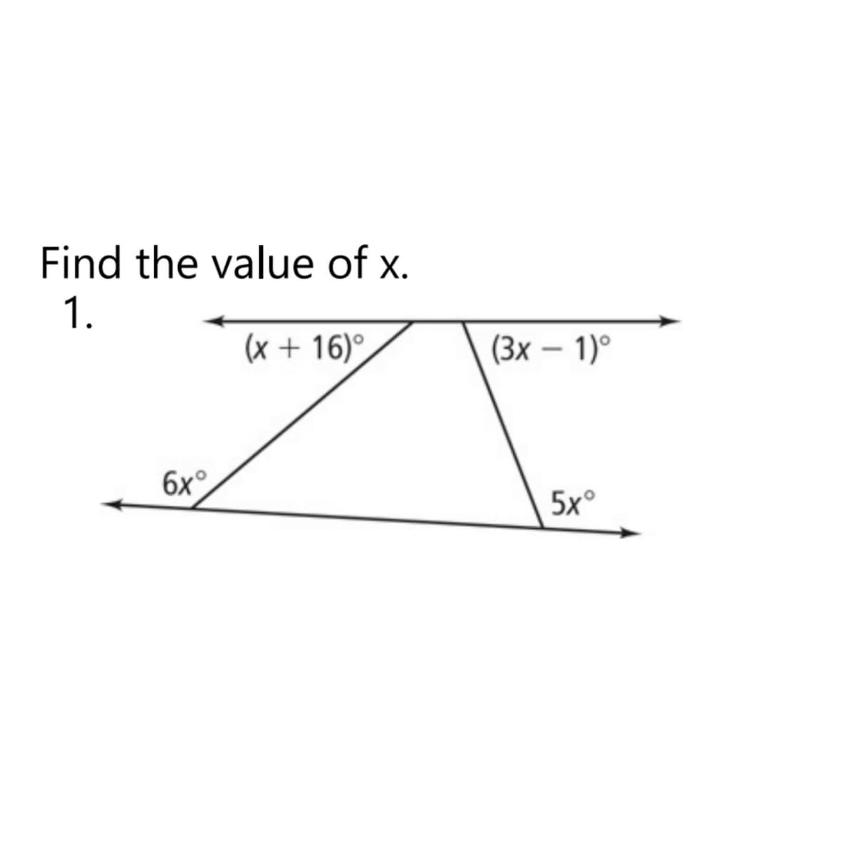 Find the value of x.
1.
(x + 16)°
(3х — 1)°
6x°
5x°
