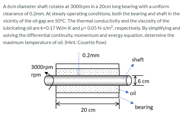 A 6cm diameter shaft rotates at 3000rpm in a 20cm long bearing with a uniform
clearance of 0.2mm. At steady operating conditions, both the bearing and shaft in the
vicinity of the oil gap are 50°C. The thermal conductivity and the viscosity of the
lubricating oil are k=0.17 W/m-K and u= 0.05 N-s/m², respectively. By simplifying and
solving the differential continuity, momentum and energy equation, determine the
maximum temperature of oil. (Hint: Couette flow)
0.2mm
shaft
3000rpm
rpm
6 сm
oil
bearing
20 cm
