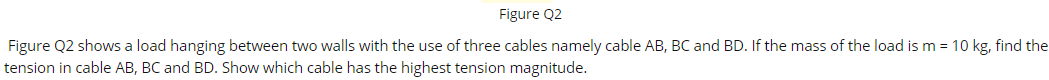 Figure Q2
Figure Q2 shows a load hanging between two walls with the use of three cables namely cable AB, BC and BD. If the mass of the load is m = 10 kg, find the
tension in cable AB, BC and BD. Show which cable has the highest tension magnitude.
