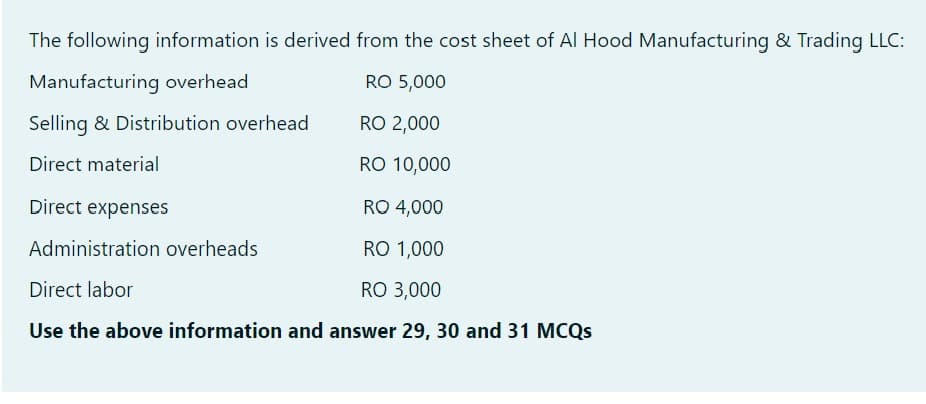The following information is derived from the cost sheet of Al Hood Manufacturing & Trading LLC:
Manufacturing overhead
RO 5,000
Selling & Distribution overhead
RO 2,000
Direct material
RO 10,000
Direct expenses
RO 4,000
Administration overheads
RO 1,000
Direct labor
RO 3,000
Use the above information and answer 29, 30 and 31 MCCQS
