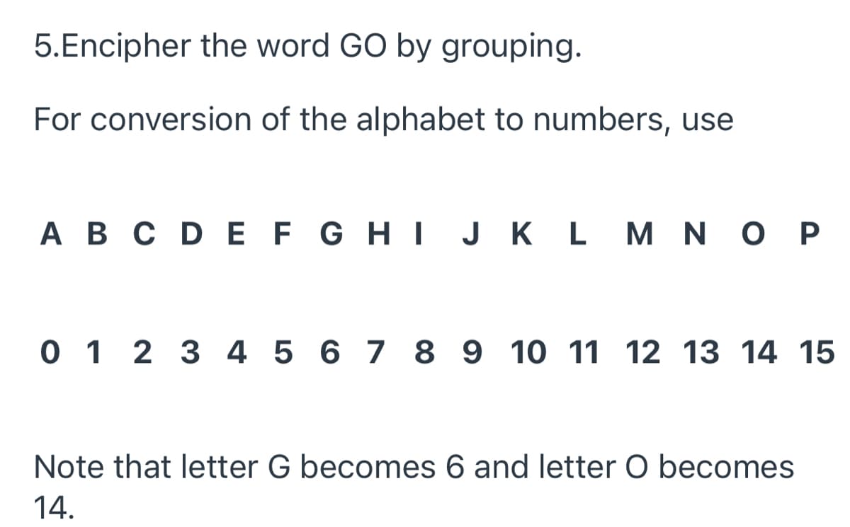 5.Encipher the word GO by grouping.
For conversion of the alphabet to numbers, use
A B C D E F G H I J K L M N O P
0 1 2 3 4 5 6 7 8 9 10 11 12 13 14 15
Note that letter G becomes 6 and letter O becomes
14.