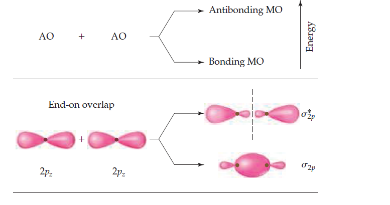 Antibonding MO
AO
AO
Bonding MO
End-on overlap
2pz
2pz
Energy
+
+
