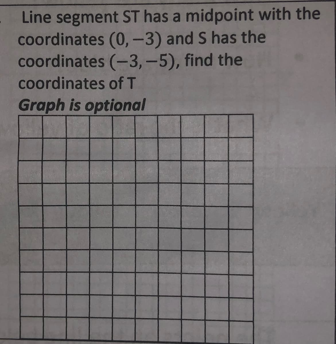 Line segment ST has a midpoint with the
coordinates (0,-3) and S has the
coordinates (-3,-5), find the
coordinates of T
Graph is optional
