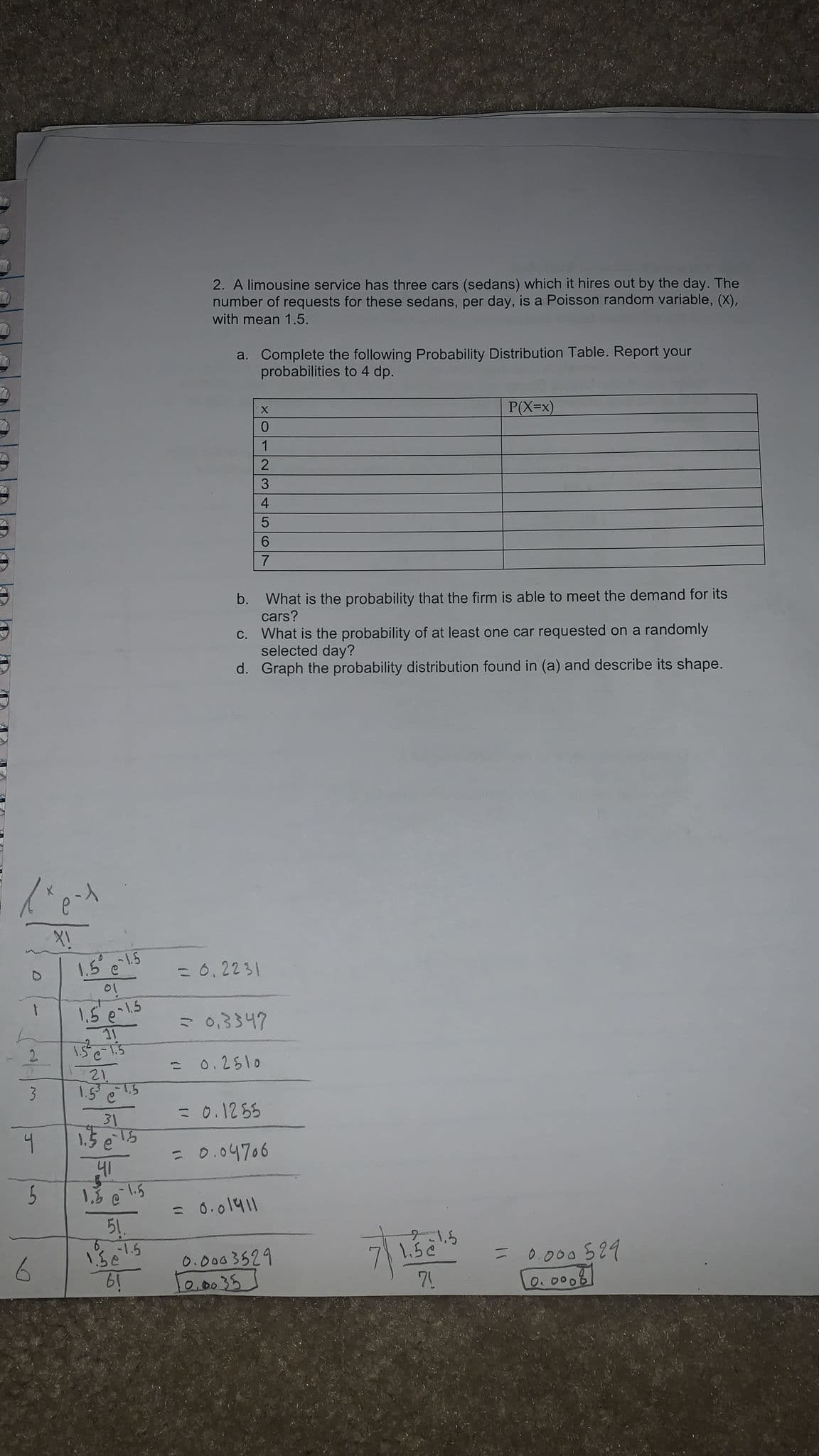 2. A limousine service has three cars (sedans) which it hires out by the day. The
number of requests for these sedans, per day, is a Poisson random variable, (X),
with mean 1.5.
a. Complete the following Probability Distribution Table. Report your
probabilities to 4 dp.
P(X=x)
4
b.
What is the probability that the firm is able to meet the demand for its
cars?
c. What is the probability of at least one car requested on a randomly
selected day?
d. Graph the probability distribution found in (a) and describe its shape.
1.5'c15
= 6, 2231
01
= 0,3347
2.
= 0.2510
21
1.5 e5
31
= 0.1285
1,5 e
31-
= 0.04706
41
= 0.01411
51.
6.
6.
1.3015
0.0003529
l0.0035
1.515
= 0.000 S29
0.0008
x0123 567
