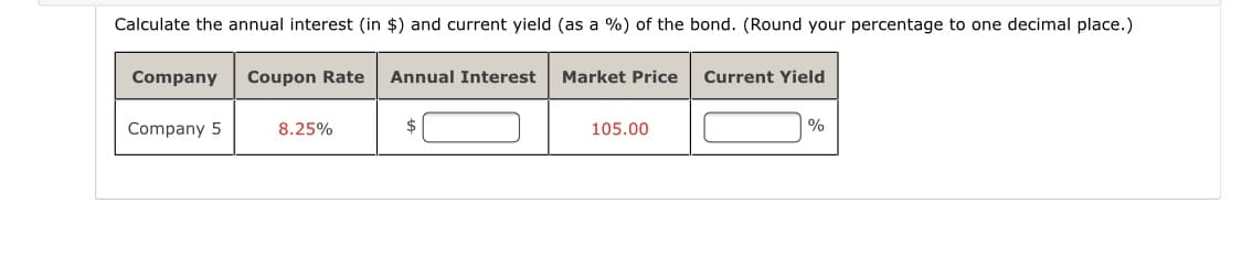 Calculate the annual interest (in $) and current yield (as a %) of the bond. (Round your percentage to one decimal place.)
Company
Coupon Rate
Annual Interest
Market Price
Current Yield
Company 5
8.25%
$
105.00
%
