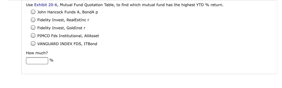 Use Exhibit 20-6, Mutual Fund Quotation Table, to find which mutual fund has the highest YTD % return.
O John Hancock Funds A, BondA p
O Fidelity Invest, RealEstIncr
O Fidelity Invest, GoldInst r
O PIMCO Fds Institutional, AIlAsset
O VANGUARD INDEX FDS, ITBond
How much?
%
