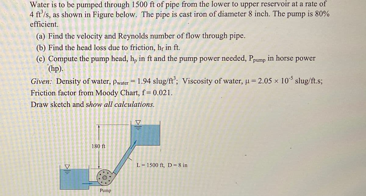 Water is to be pumped through 1500 ft of pipe from the lower to upper reservoir at a rate of
4 ft'/s, as shown in Figure below. The pipe is cast iron of diameter 8 inch. The pump is 80%
efficient.
(a) Find the velocity and Reynolds number of flow through pipe.
(b) Find the head loss due to friction, hf in ft.
(c) Compute the pump head, h, in ft and the pump power needed, Ppump in horse power
(hp).
Given: Density of water, pwater= 1.94 slug/ft'; Viscosity of water, u = 2.05 × 10° slug/ft.s;
Friction factor from Moody Chart, f= 0.021.
Draw sketch and show all calculations.
180 ft
L = 1500 ft, D = 8 in
Pump
