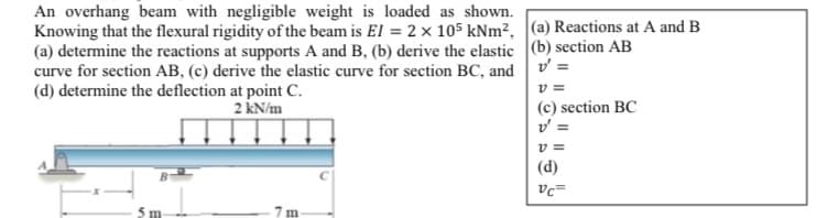 An overhang beam with negligible weight is loaded as shown.
Knowing that the flexural rigidity of the beam is El = 2 × 105 kNm², (a) Reactions at A and B
(a) determine the reactions at supports A and B, (b) derive the elastic (b) section AB
curve for section AB, (c) derive the elastic curve for section BC, and v =
(d) determine the deflection at point C.
v =
(c) section BC
v' =
2 kN/m
v =
(d)
m
m
